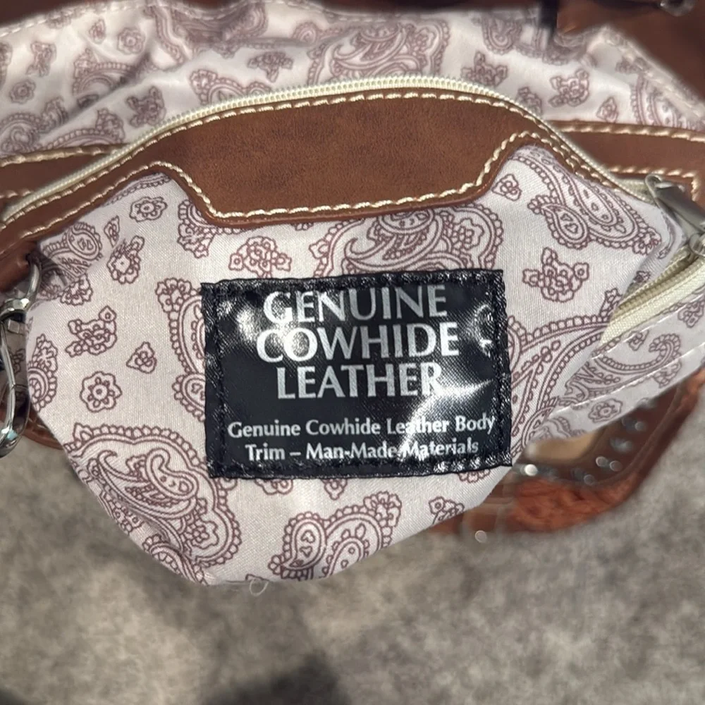 Cream and Brown Genuine Cowhide Leather Western Backpack with Rustic Charm